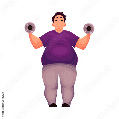 Fat man training with dumbbells, cartoon vector illustration isolated on white background. Obese, fat, chubby man doing weightlifting exercises, going to gym, working out