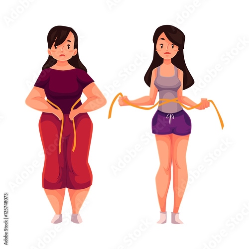 Woman measuring waist before and after loosing weight, cartoon vector illustration isolated on white background. Overweight and athletic version of young woman measuring herselves