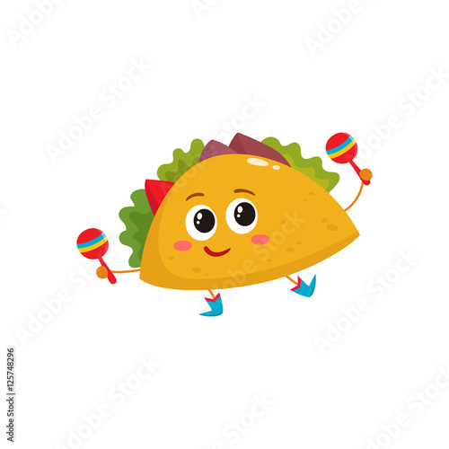 Smiling big eyed taco dancing and playing Mexican maracas, cartoon vector illustration isolated on white background. Humanized Mexican taco in cowboy boots playing shakers and having fun