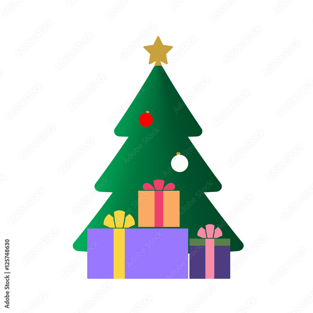 Christmas tree with balls, star, gift. Cartoon icon. Green silhouette decoration sign, isolated on white background. Flat design. Symbol holiday, Christmas, New Year celebration Vector illustration Christmas tree with balls, star, gift. Cartoon icon. Green silhouette decoration sign, isolated on white background. Flat design. Symbol holiday, Christmas, New Year celebration Vector illustration