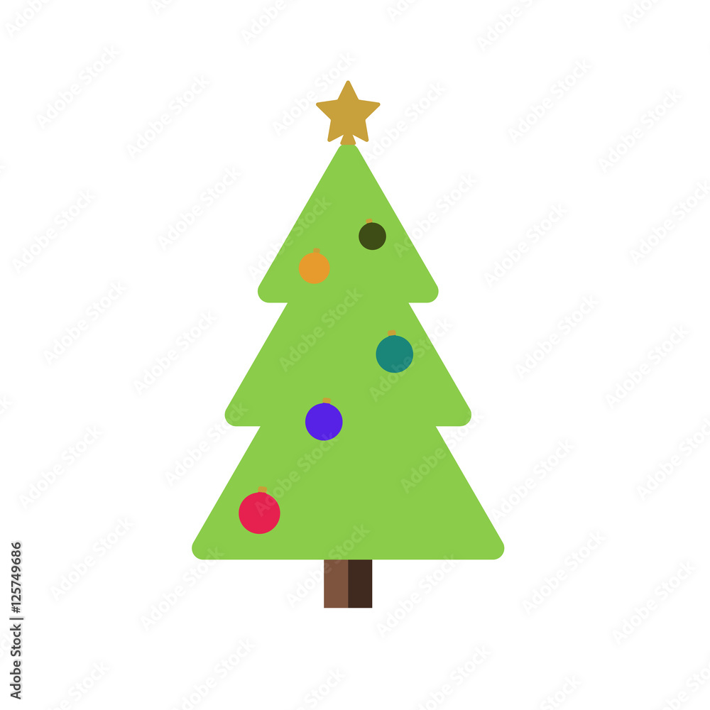 Christmas tree with balls, star. Cartoon icon. Green silhouette decoration sign, isolated on white background. Flat design. Symbol of holiday, Christmas, New Year celebration. Vector illustration Christmas tree with balls, star. Cartoon icon. Green silhouette decoration sign, isolated on white background. Flat design. Symbol of holiday, Christmas, New Year celebration. Vector illustration