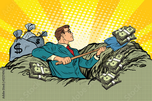 Retro businessman digs up money from the ground