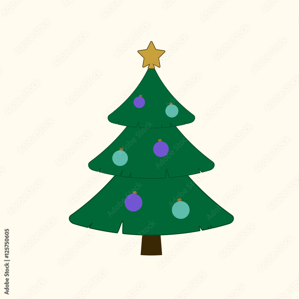 Christmas tree with balls, star. Cartoon icon. Green silhouette decoration sign, isolated on white background. Flat design. Symbol of holiday, Christmas, New Year celebration. Vector illustration Christmas tree with balls, star. Cartoon icon. Green silhouette decoration sign, isolated on white background. Flat design. Symbol of holiday, Christmas, New Year celebration. Vector illustration