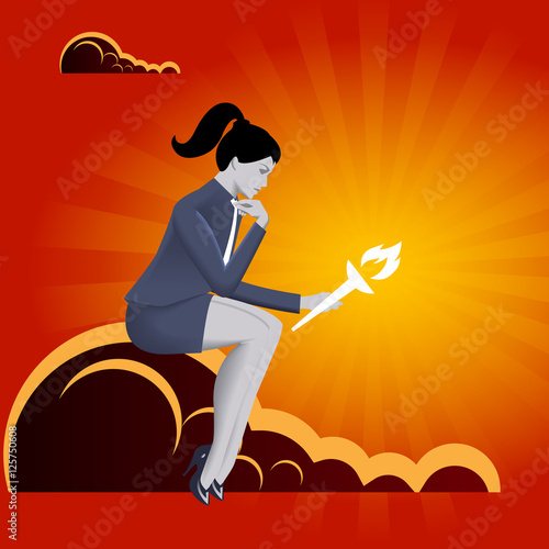 Burden of leadership business concept. Pensive business woman in business suit with burning torch in her hand sitting on the cloud and watching on the torch. Burden of choice. Vector illustration.