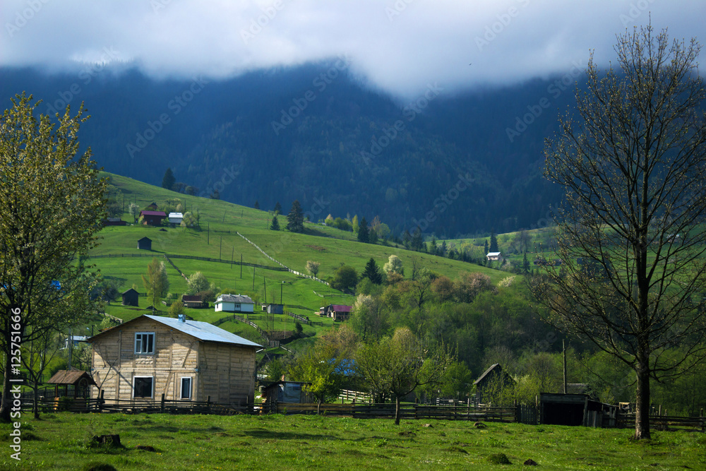 Many wooden houses in the mountains, green hills and fog.