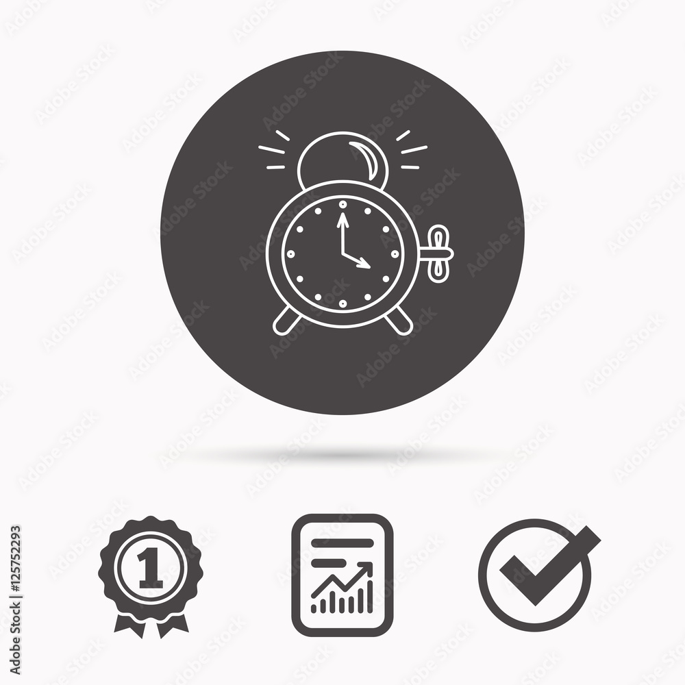 Alarm clock icon. Mechanical retro time sign. Watch with bell symbol. Report document, winner award and tick. Round circle button with icon. Vector Alarm clock icon. Mechanical retro time sign. Watch with bell symbol. Report document, winner award and tick. Round circle button with icon. Vector