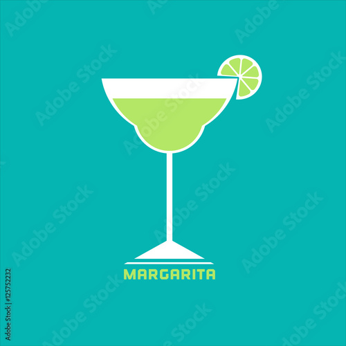 Drinks concept. Margarita Flat design icon. Martini cocktail in glass with lime slice. Template for logo or advertisement. Element for club event banner background. Vector illustration