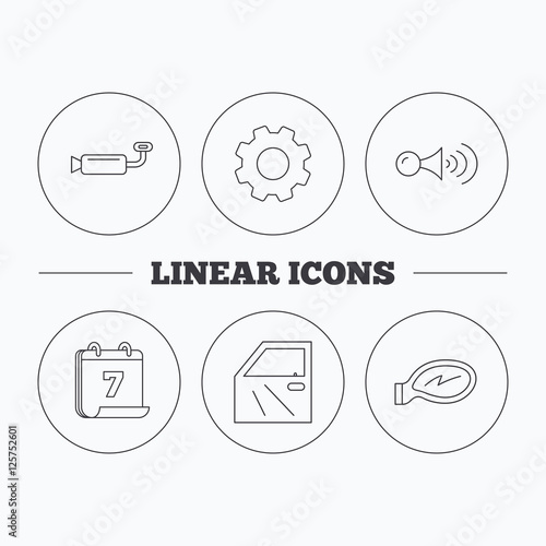 Car door, muffler and klaxon signal icons. Car mirror linear sign. Flat cogwheel and calendar symbols. Linear icons in circle buttons. Vector