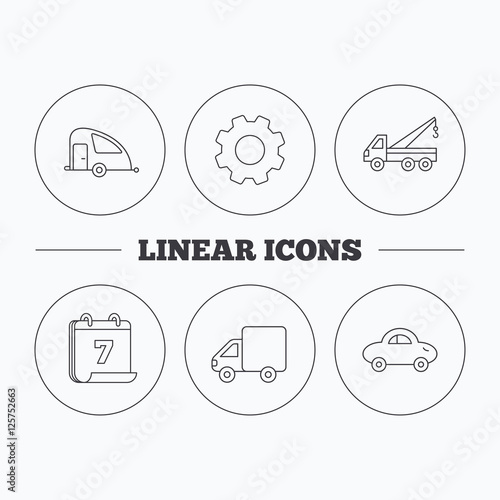 Car, delivery truck and evacuator icons. Travel van linear signs. Flat cogwheel and calendar symbols. Linear icons in circle buttons. Vector