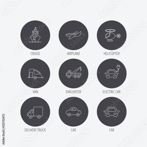 Transportation icons. Car, ship and truck linear signs. Airplane, helicopter and evacuator flat line icons. Linear icons in circle buttons. Flat web symbols. Vector