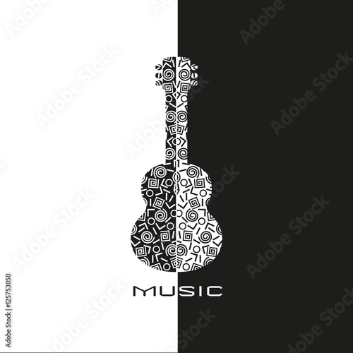 Template Design Poster with doodle acoustic guitar silhouette. Vintage music logo. Black white musical instrument icon in Swiss international style. Modern Memphis pattern. Vector illustration