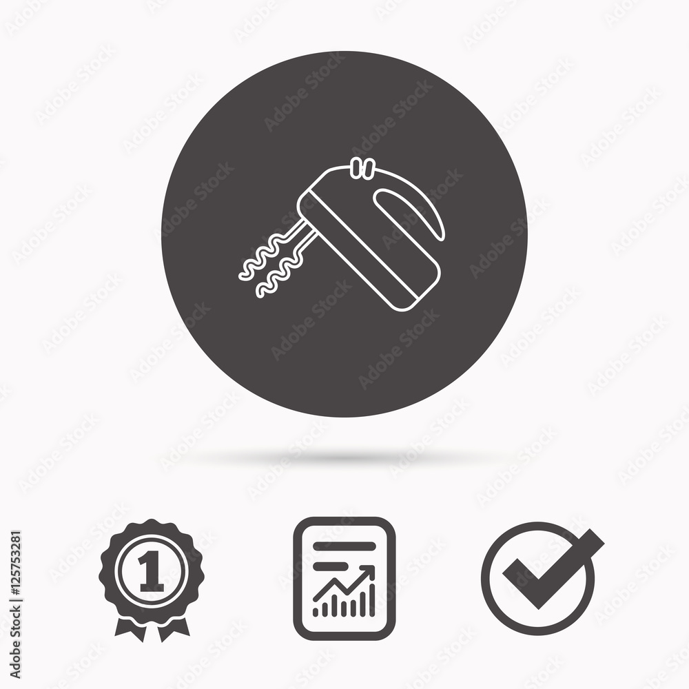 Blender icon. Mixer sign. Report document, winner award and tick. Round circle button with icon. Vector Blender icon. Mixer sign. Report document, winner award and tick. Round circle button with icon. Vector
