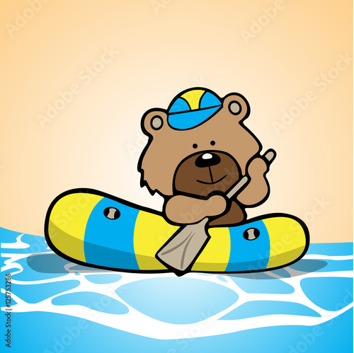 Teddy bear with rubber boat trough the sea vector illustration