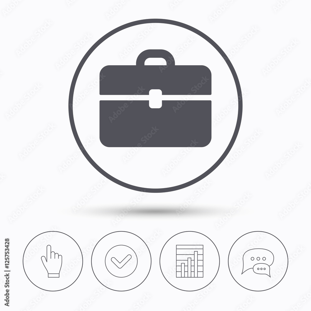 Briefcase icon. Diplomat handbag symbol. Business case sign. Chat speech bubbles. Check tick, report chart and hand click. Linear icons. Vector Briefcase icon. Diplomat handbag symbol. Business case sign. Chat speech bubbles. Check tick, report chart and hand click. Linear icons. Vector