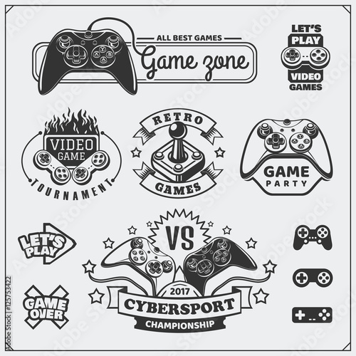 Video game club emblems, labels, icons, badges and design elements.