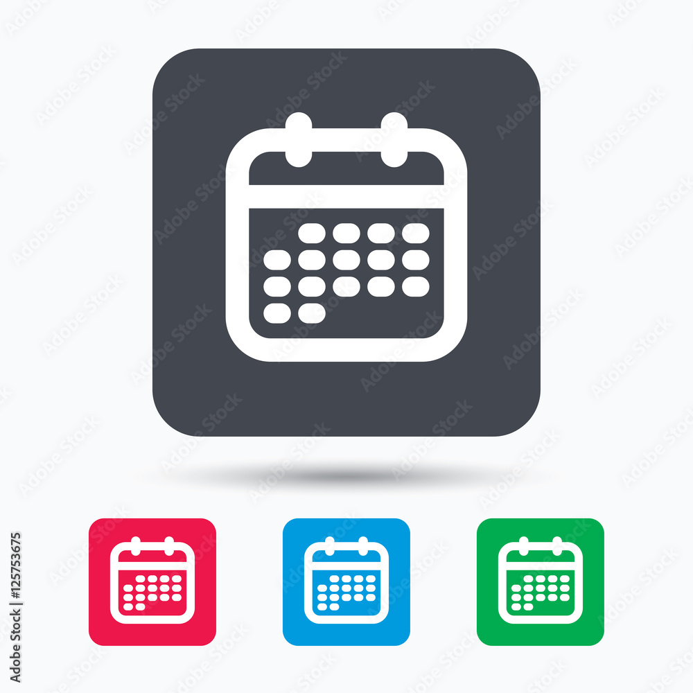 Calendar icon. Events reminder symbol. Colored square buttons with flat web icon. Vector Calendar icon. Events reminder symbol. Colored square buttons with flat web icon. Vector