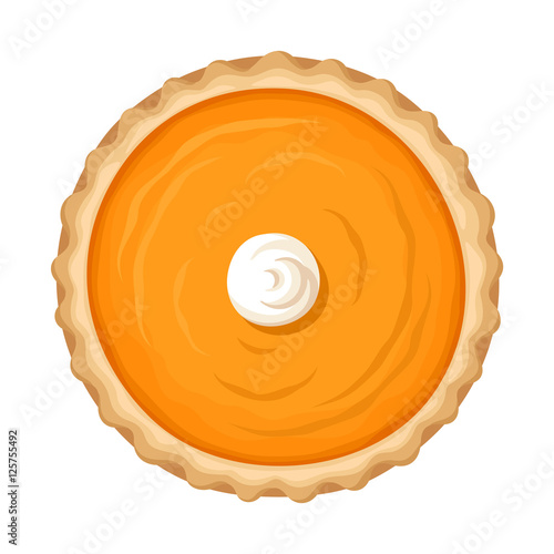 Vector illustration of a pumpkin pie with whipped cream isolated on a white background.