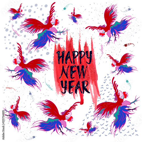A stylized drawing of a silhouette of a rooster . Handwritten text Happy new year. Vector design.