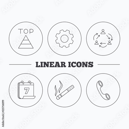 Teamwork, smoking and phone call icons. Top linear sign. Flat cogwheel and calendar symbols. Linear icons in circle buttons. Vector