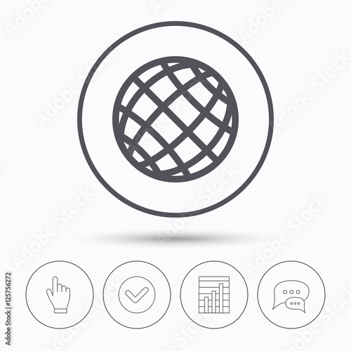 Globe icon. World or internet symbol. Chat speech bubbles. Check tick  report chart and hand click. Linear icons. Vector