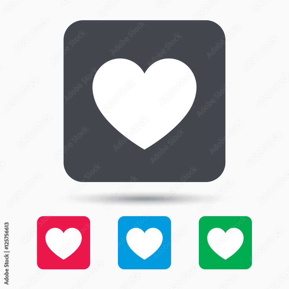 Heart icon. Romantic love symbol. Colored square buttons with flat web icon. Vector Heart icon. Romantic love symbol. Colored square buttons with flat web icon. Vector
