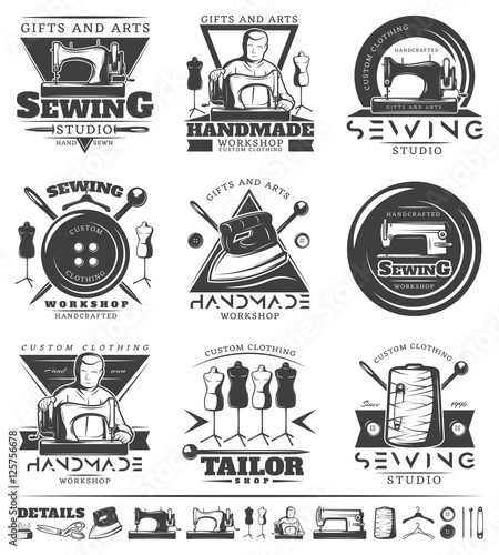 Set of vintage sewing monochrome emblems, labels, logos. Tailor shop badges and designed elements with descriptions of sewing studio, handmade workshop, custom clothing. Tailor tools