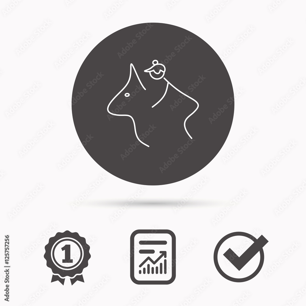Horseback riding icon. Jockey rider sign. Horse sport symbol. Report document, winner award and tick. Round circle button with icon. Vector Horseback riding icon. Jockey rider sign. Horse sport symbol. Report document, winner award and tick. Round circle button with icon. Vector