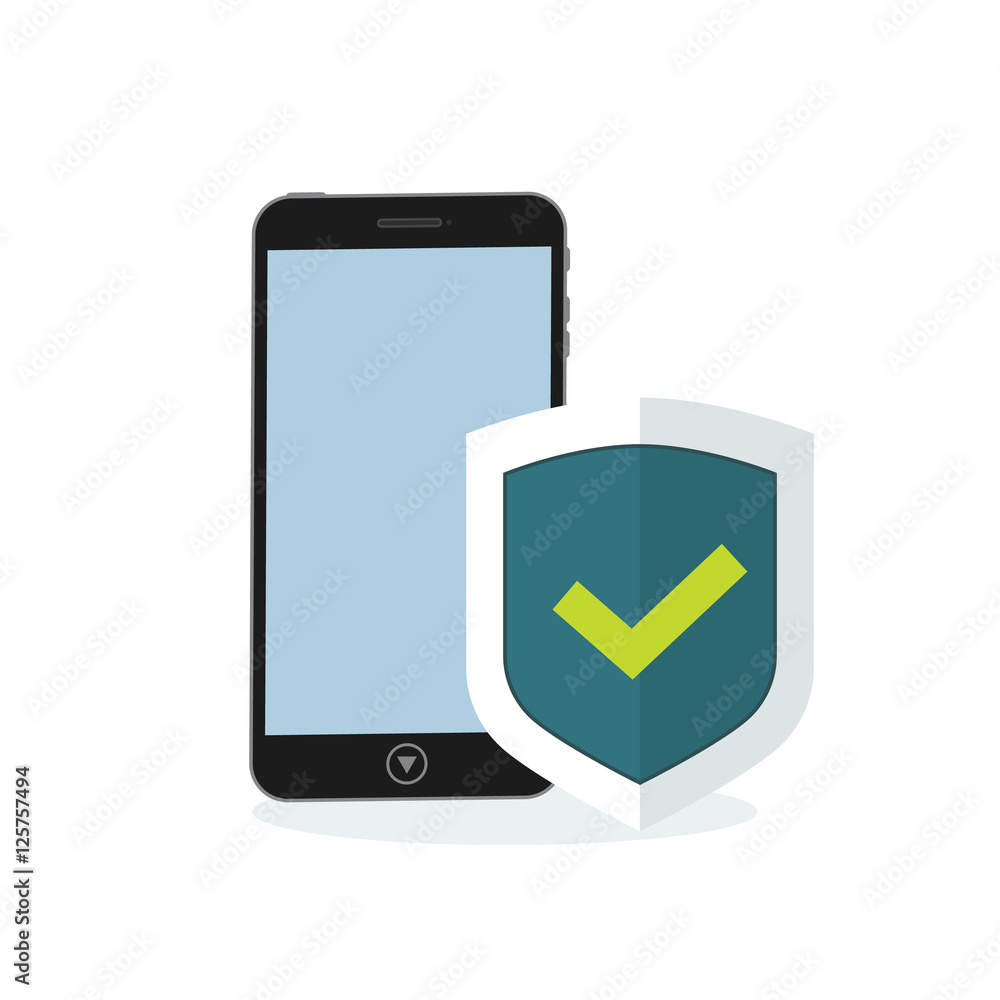 Mobile phone with flat shield with a confirmed status of protection. Vector illustration mobile phone security shield. Mobile phone with flat shield with a confirmed status of protection. Vector illustration mobile phone security shield.