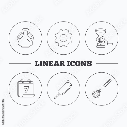 Meat grinder, butcher knife and whisk icons. Vase linear sign. Flat cogwheel and calendar symbols. Linear icons in circle buttons. Vector