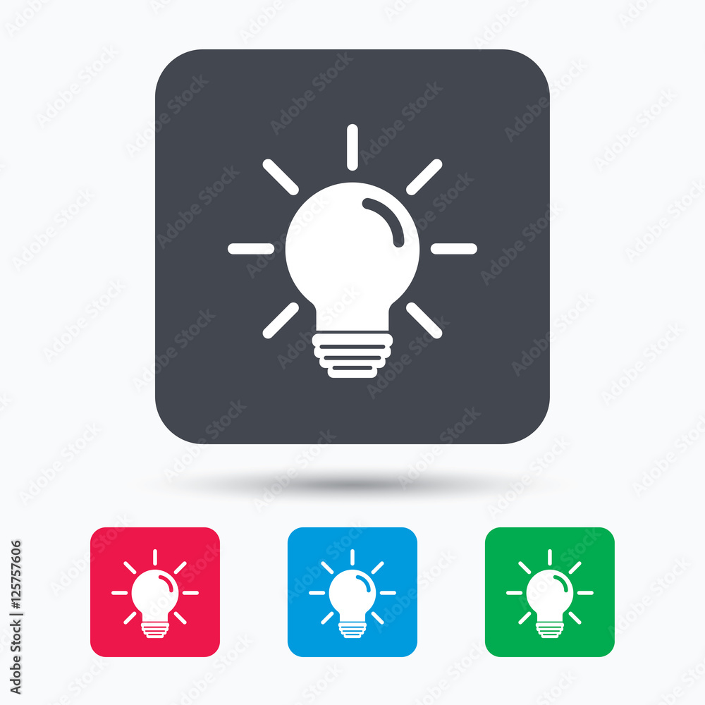 Light bulb icon. Lamp sign. Illumination technology symbol. Colored square buttons with flat web icon. Vector Light bulb icon. Lamp sign. Illumination technology symbol. Colored square buttons with flat web icon. Vector