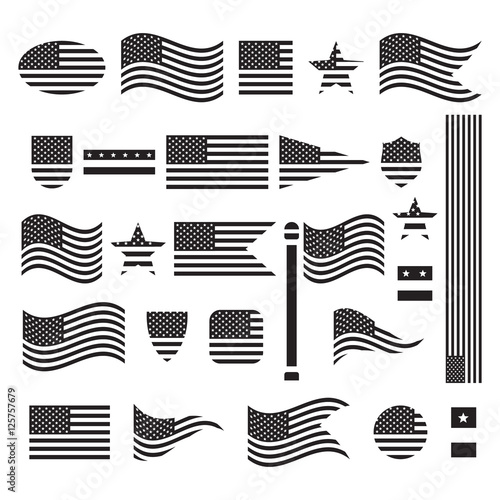 Vintage USA American flag set, black isolated on white background, vector illustration.