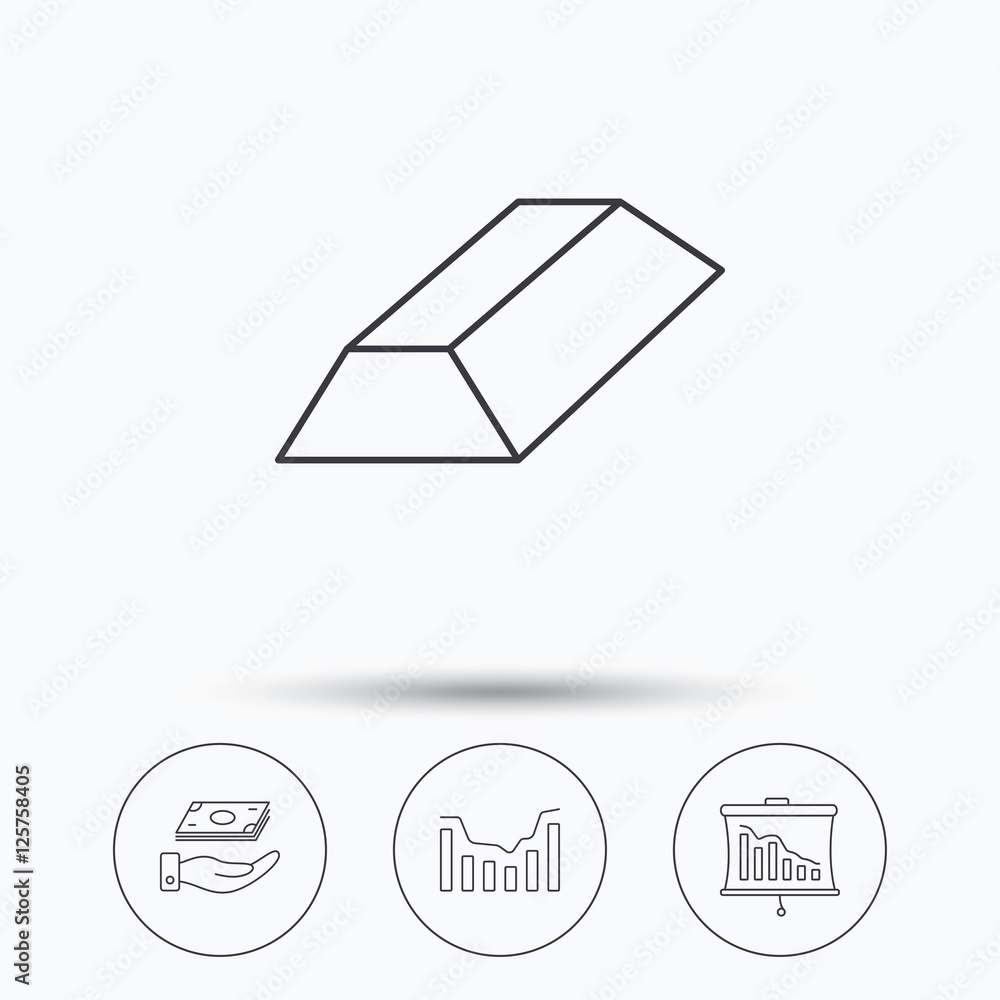 Save money, dynamics chart and statistics icons. Gold bar linear sign. Linear icons in circle buttons. Flat web symbols. Vector Save money, dynamics chart and statistics icons. Gold bar linear sign. Linear icons in circle buttons. Flat web symbols. Vector