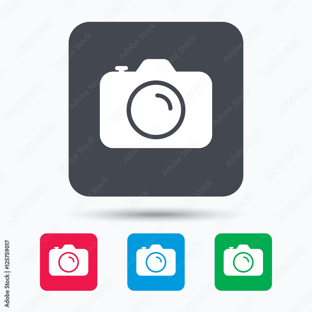 Camera icon. Professional photocamera symbol. Colored square buttons with flat web icon. Vector Camera icon. Professional photocamera symbol. Colored square buttons with flat web icon. Vector