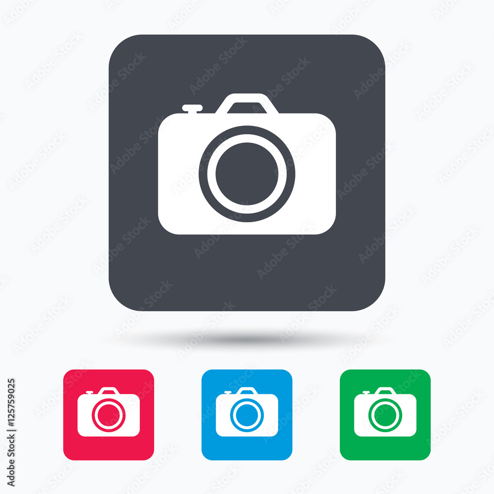 Camera icon. Professional photocamera symbol. Colored square buttons with flat web icon. Vector Camera icon. Professional photocamera symbol. Colored square buttons with flat web icon. Vector