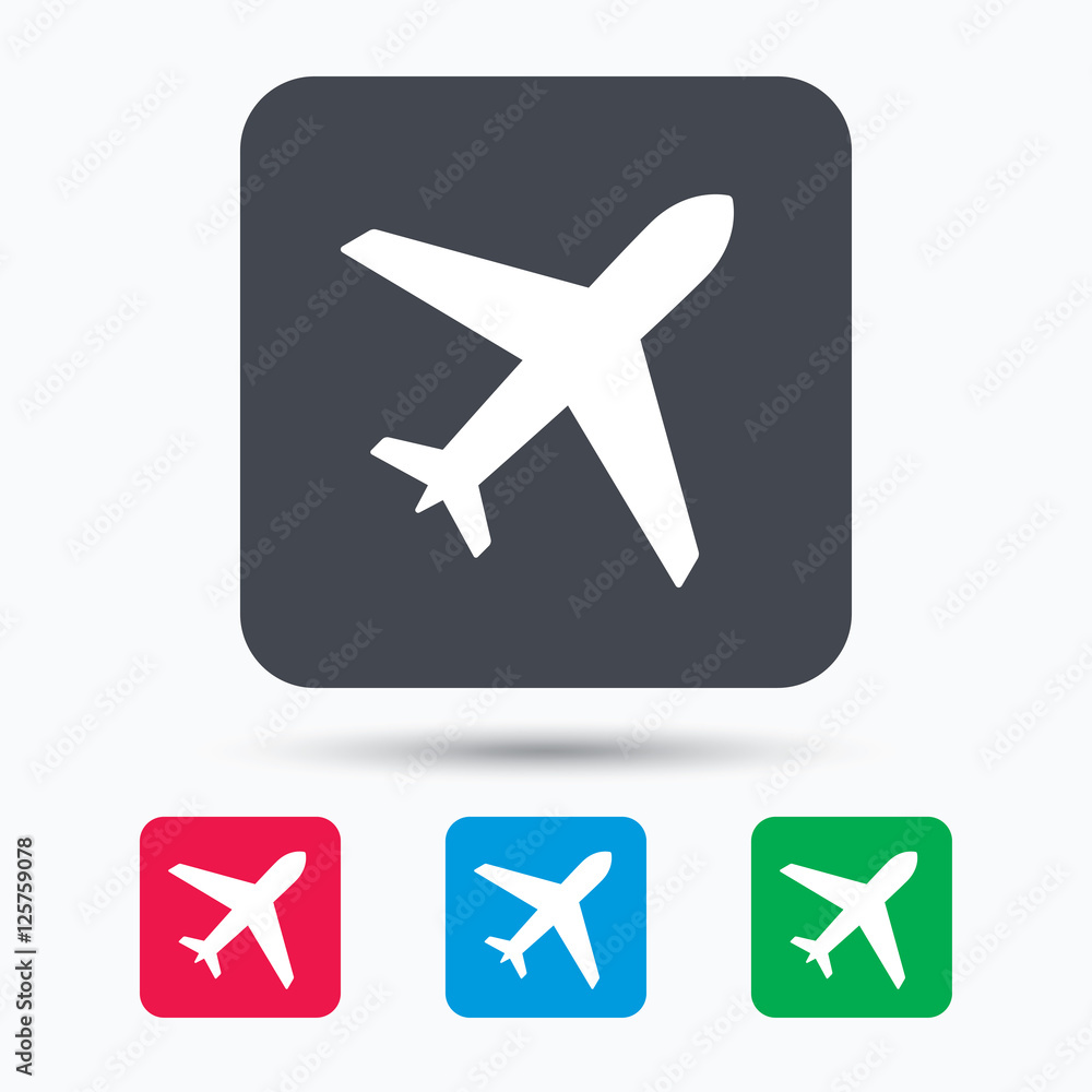 Plane icon. Flight transport symbol. Colored square buttons with flat web icon. Vector