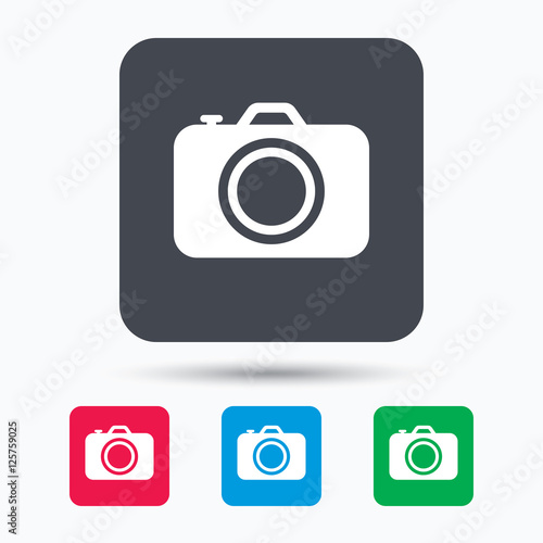 Camera icon. Professional photocamera symbol. Colored square buttons with flat web icon. Vector