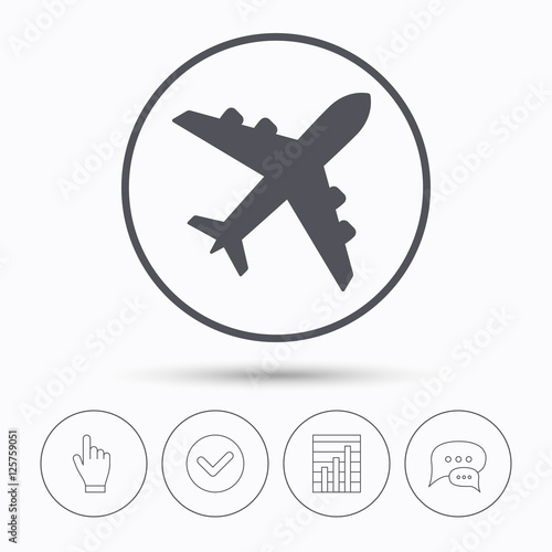 Plane icon. Flight transport symbol. Chat speech bubbles. Check tick, report chart and hand click. Linear icons. Vector