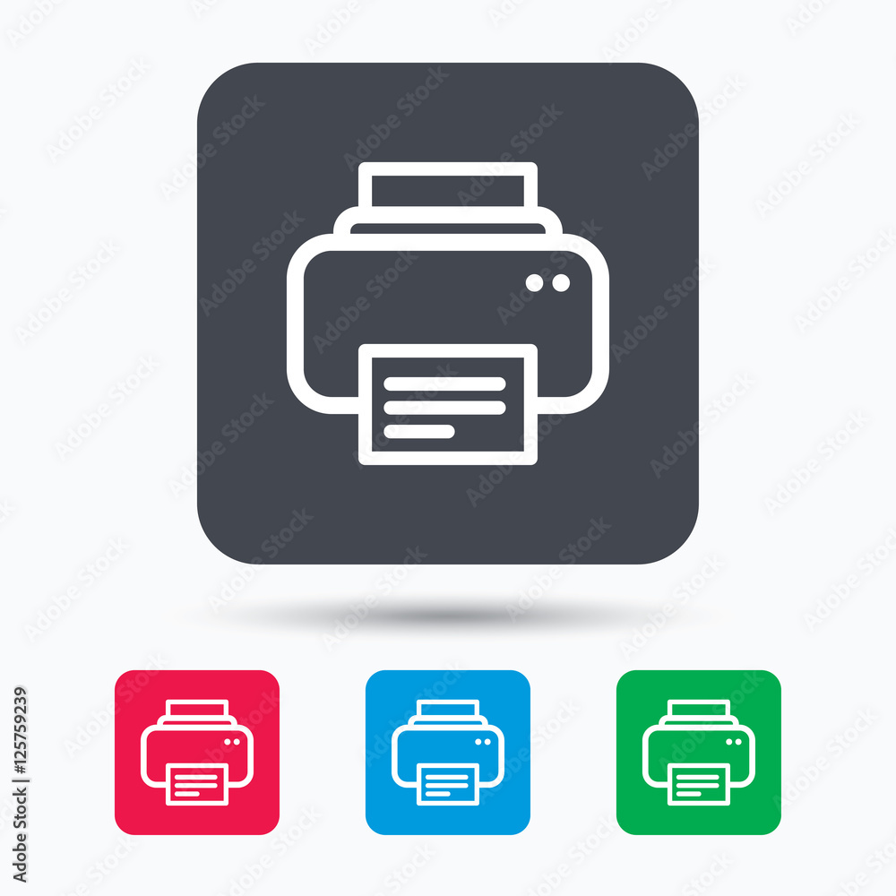 Printer icon. Print documents technology symbol. Colored square buttons with flat web icon. Vector Printer icon. Print documents technology symbol. Colored square buttons with flat web icon. Vector