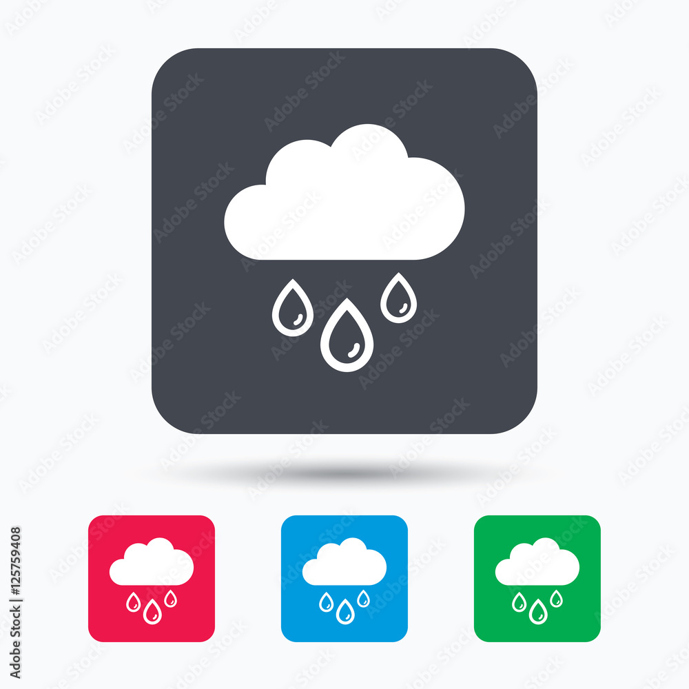 Cloud with rain drops icon. Rainy day symbol. Colored square buttons with flat web icon. Vector Cloud with rain drops icon. Rainy day symbol. Colored square buttons with flat web icon. Vector