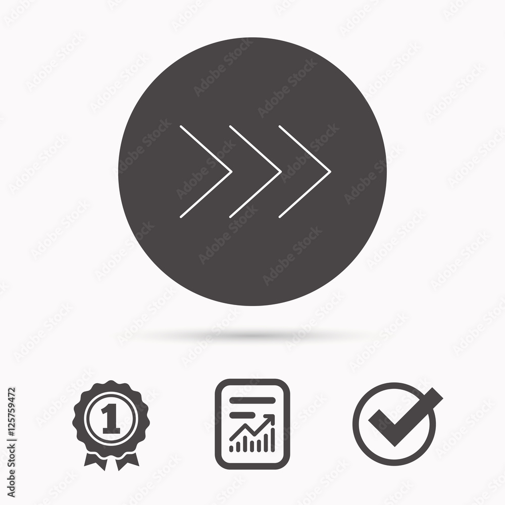 Right arrow icon. Next sign. Forward direction symbol. Report document, winner award and tick. Round circle button with icon. Vector Right arrow icon. Next sign. Forward direction symbol. Report document, winner award and tick. Round circle button with icon. Vector