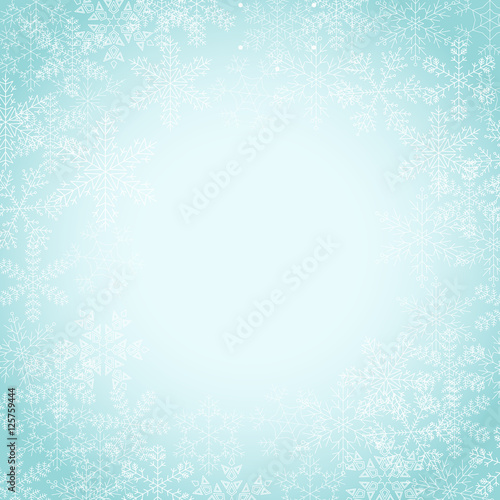 Vector light blue square background with frame of white elegant snowflakes for Christmas and New year  with place for text.