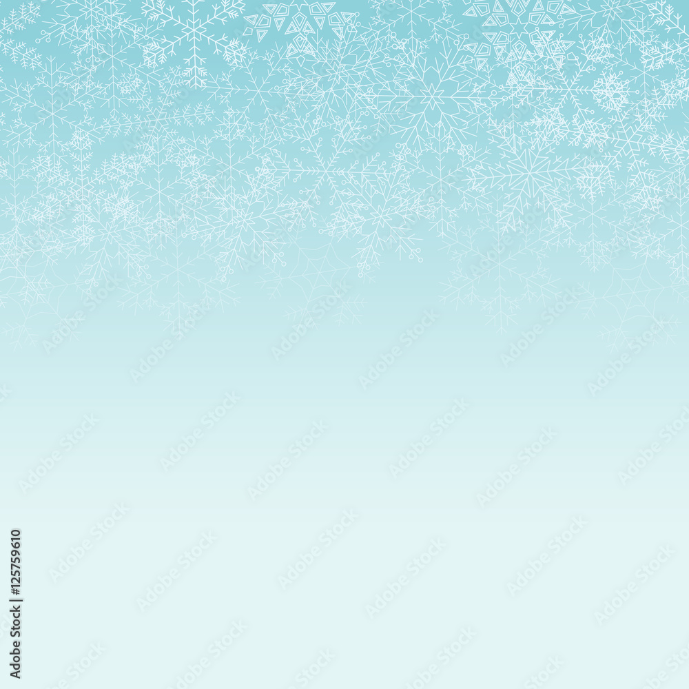 Vector light blue square background with frame of white elegant snowflakes for Christmas and New year, with place for text.