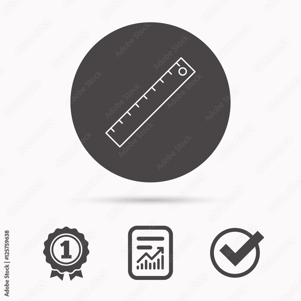Ruler icon. Straightedge sign. Geometric symbol. Report document, winner award and tick. Round circle button with icon. Vector Ruler icon. Straightedge sign. Geometric symbol. Report document, winner award and tick. Round circle button with icon. Vector