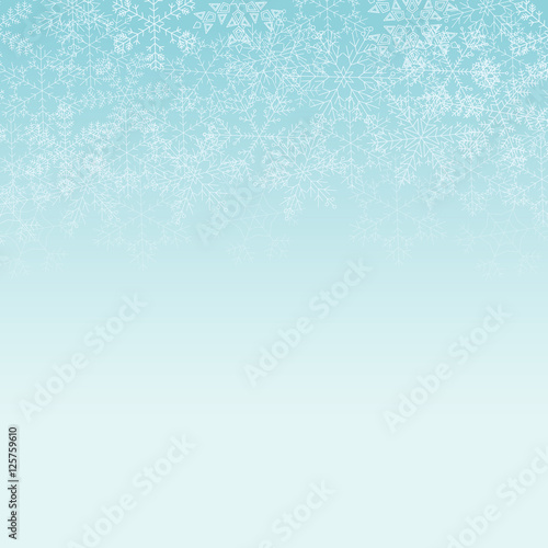 Vector light blue square background with frame of white elegant snowflakes for Christmas and New year, with place for text.