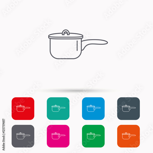 Saucepan icon. Cooking pot or pan sign. Linear icons in squares on white background. Flat web symbols. Vector