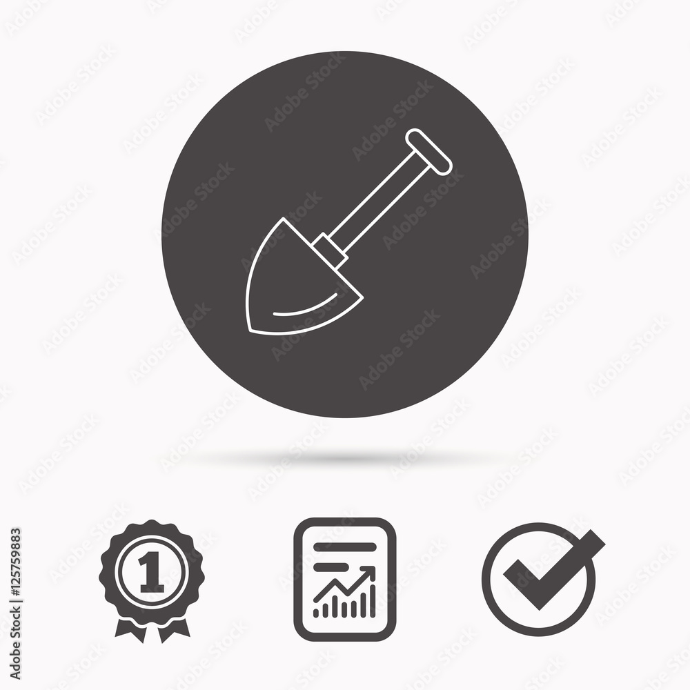 Shovel icon. Garden equipment sign symbol. Report document, winner award and tick. Round circle button with icon. Vector Shovel icon. Garden equipment sign symbol. Report document, winner award and tick. Round circle button with icon. Vector