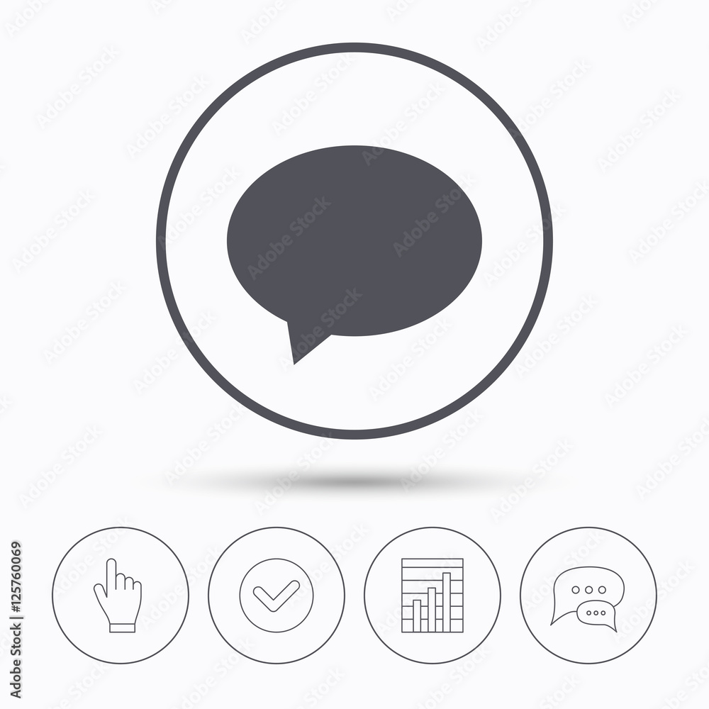 Speech bubble icon. Chat symbol. Chat speech bubbles. Check tick, report chart and hand click. Linear icons. Vector Speech bubble icon. Chat symbol. Chat speech bubbles. Check tick, report chart and hand click. Linear icons. Vector