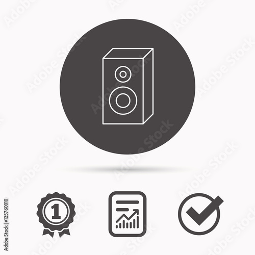 Sound icon. Musical speaker sign. Report document, winner award and tick. Round circle button with icon. Vector