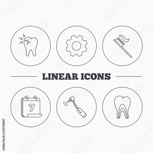 Toothache, drilling tool and toothbrush icons. Dentinal tubules linear sign. Flat cogwheel and calendar symbols. Linear icons in circle buttons. Vector