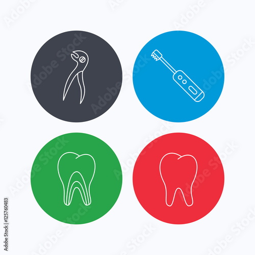Tooth, electric toothbrush and pliers icons. Dentinal tubules linear sign. Linear icons on colored buttons. Flat web symbols. Vector